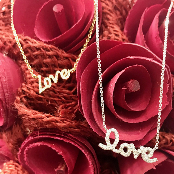 14K white gold diamond love script necklaces